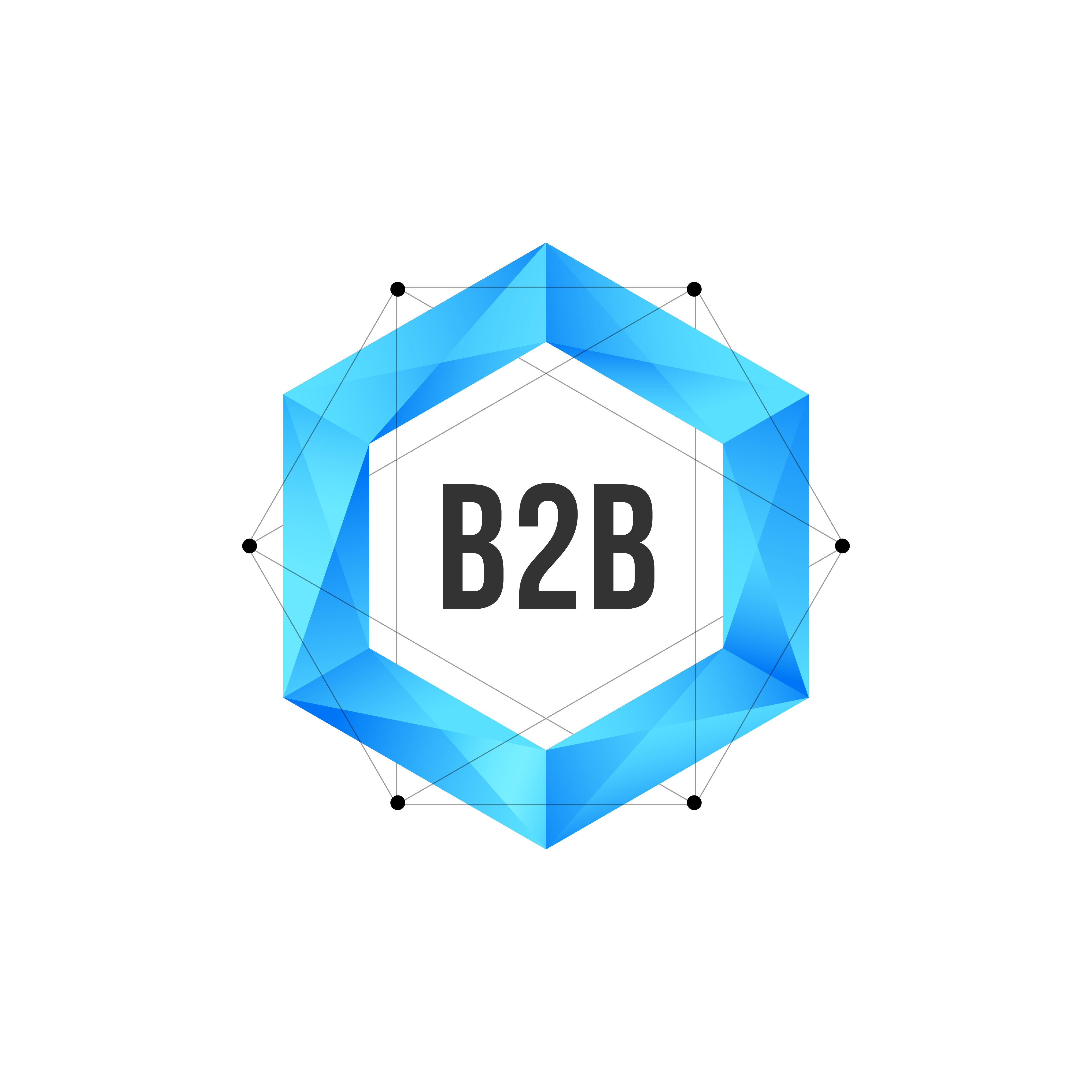 Blue polygonal hexagon with mesh and dots. Geometric logo vector design concept isolated on white background. Modern icon for corporate identity of B2B business marketing or techological company